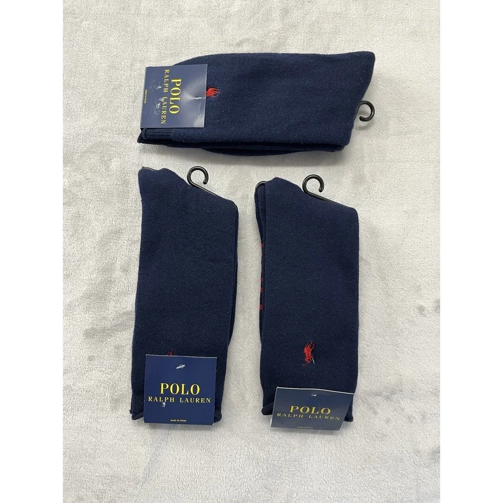 Polo Ralph Lauren 3 Pair Socks Men 10-13 Navy Red Cotton Blend Red Pony Logo